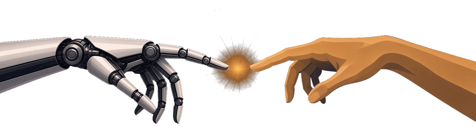 A robot hand and a human hand reaching toward each other, with a small light where the fingertips nearly meet.